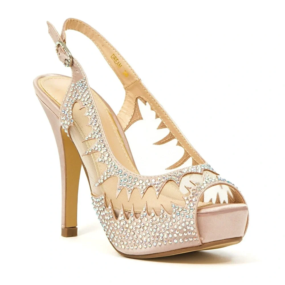 LADY COUTURE DREAM embellished platform peep toe sling back heels mesh size 37
